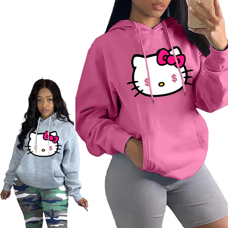 

Женская толстовка Sanrio с принтом Hellokitty, осенне-зимняя повседневная толстовка, кавайная модная универсальная повседневная одежда с аниме-рисунками