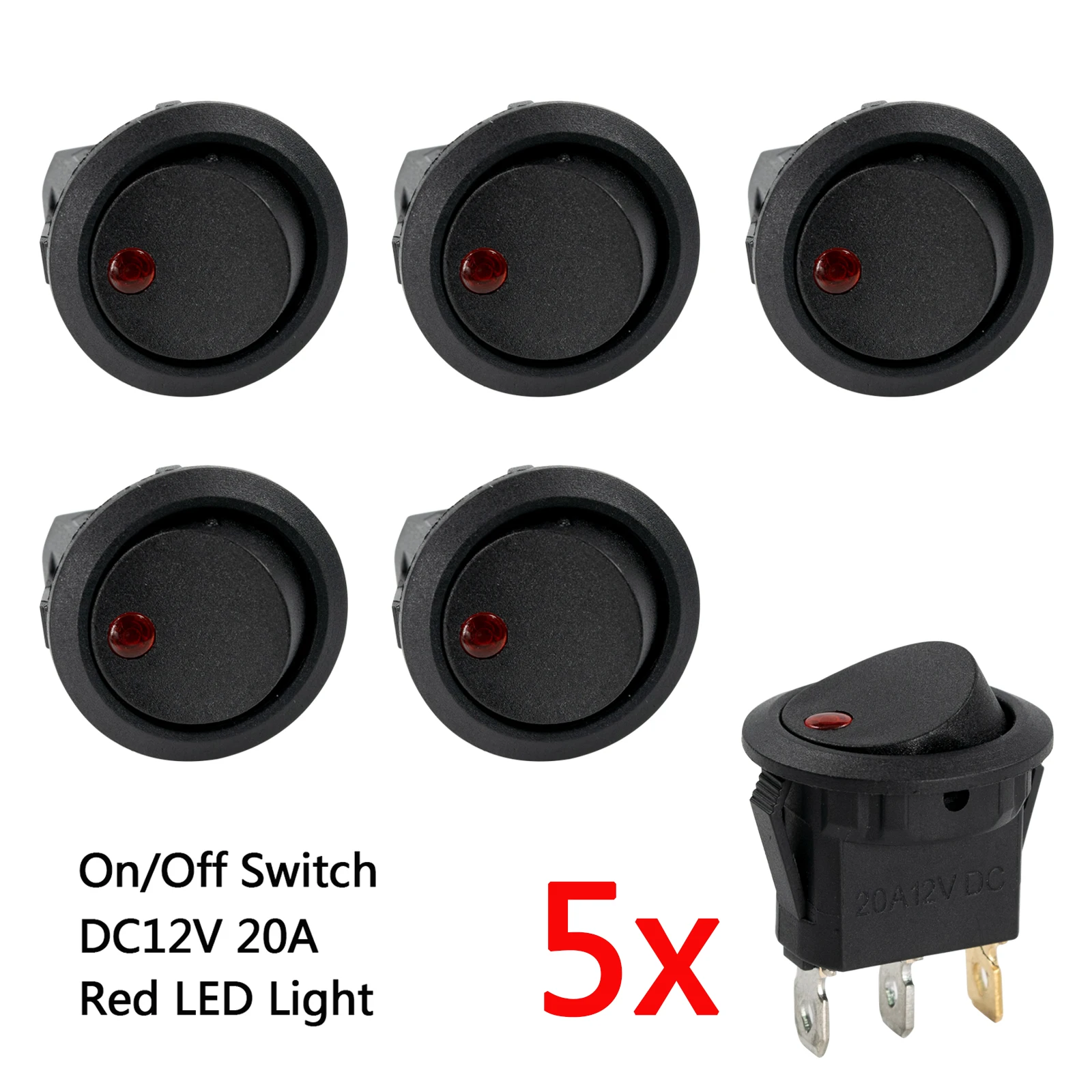 5Pcs/Set Rocker Switch Toggle Dc 12V 20A Red Led Light Car Auto Boat Dash Round On/Off Spst Button Luminescence Car Accessories