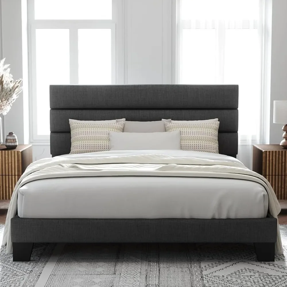 

King Bed Frame Platform Bed with Fabric Upholstered Headboard and Wooden Slats Support, Fully Upholstered Mattress Foundation
