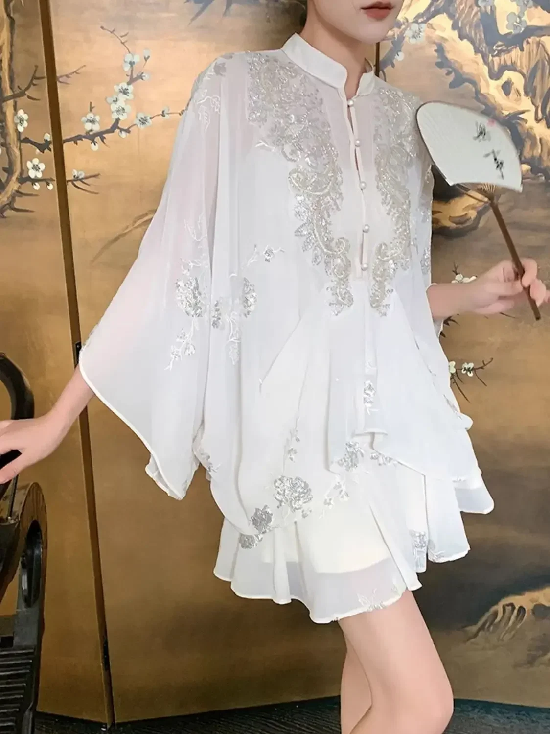 Camisa de gasa con bordado Floral para mujer, cárdigan de estilo