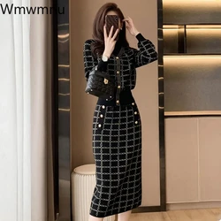 Casual Sweater Tracksuit Slim Plaid Vintage Knit Skirt 2 Piece Set Fashion Short Tops + Bodycon Faldas Elegant Formal Ensembles
