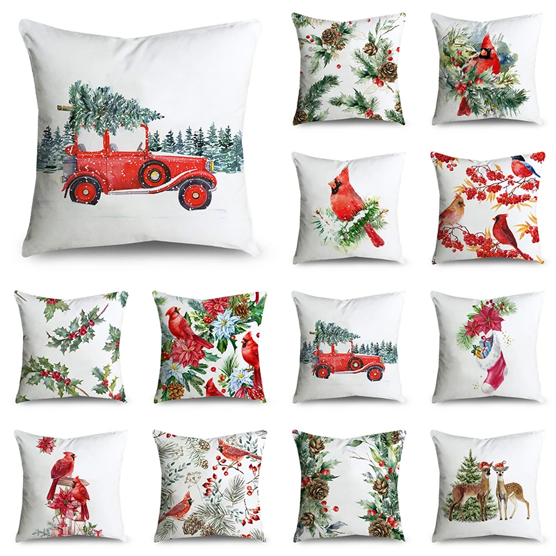 

Merry Christmas Throw Pillow Covers 40/45/50cm Red Cardinals Reindeers Holly Berries Throw Pillow Case for Sofa Couch Home Decor