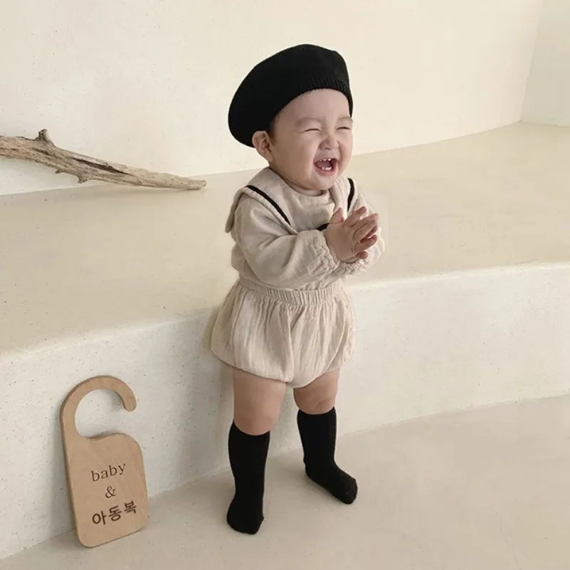 2023 Autumn New Baby Long Sleeve Clothes Set Infant Boy Navy Collar Shirts + Pp Pants 2pcs Set Baby Girl Outfits Children Suit