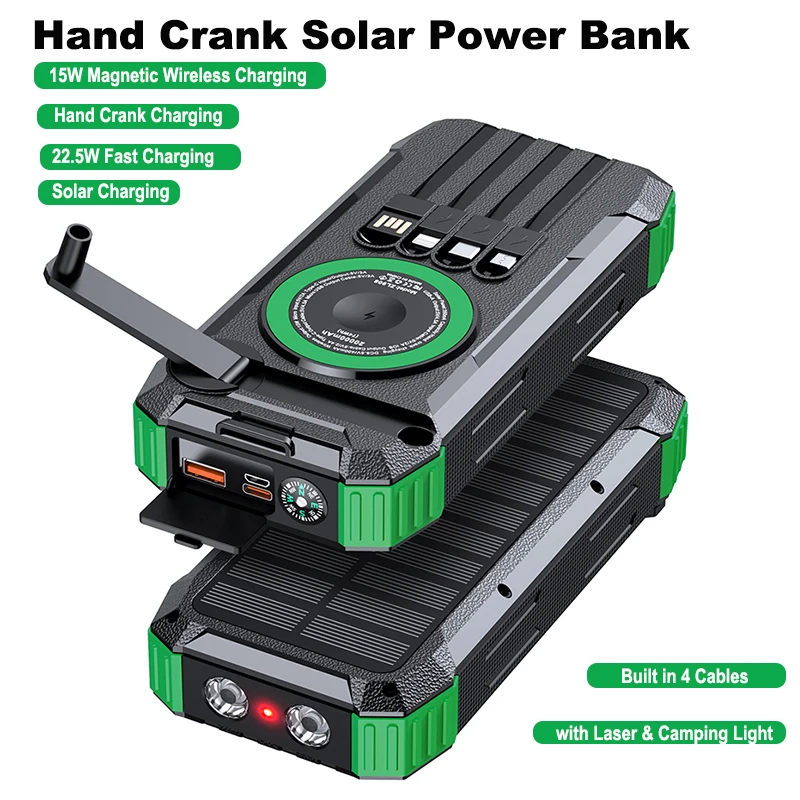 핸드 크랭크 태양광 파워 뱅크 20000mAh 마그네틱 무선 22.5W 고속 충전 외..