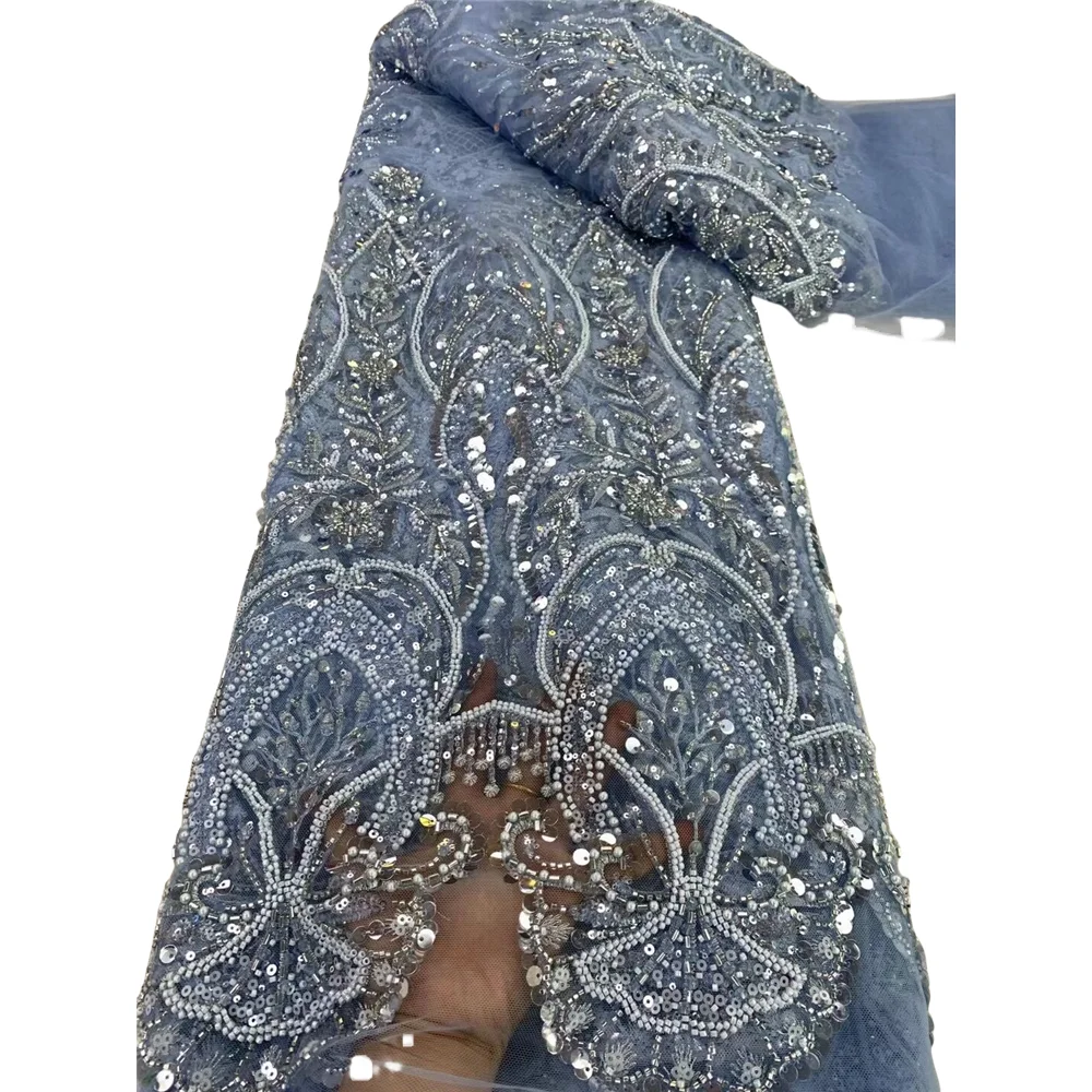 

African L-1406825 Beaded Lace Fabric High Quality Sequins French Mesh Tulle Lace For Evening Wedding Dress