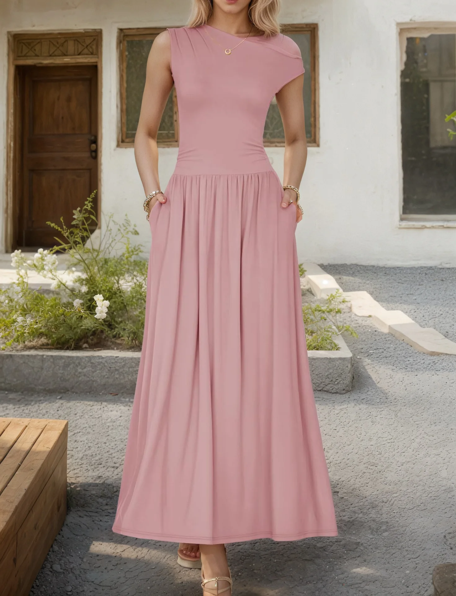 Ladies' Sloping Shoulder Pocket Dress 2025 Summer New Style Temperament Slim Fit Sleeveless Solid Color Long Skirt A-line Skirt photo