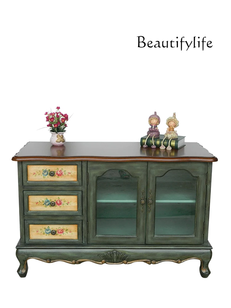 

American Retro Hand-Painted Dining Side Storage Wine Cabinet Pastoral Style Bedroom Storage TV Cabinet