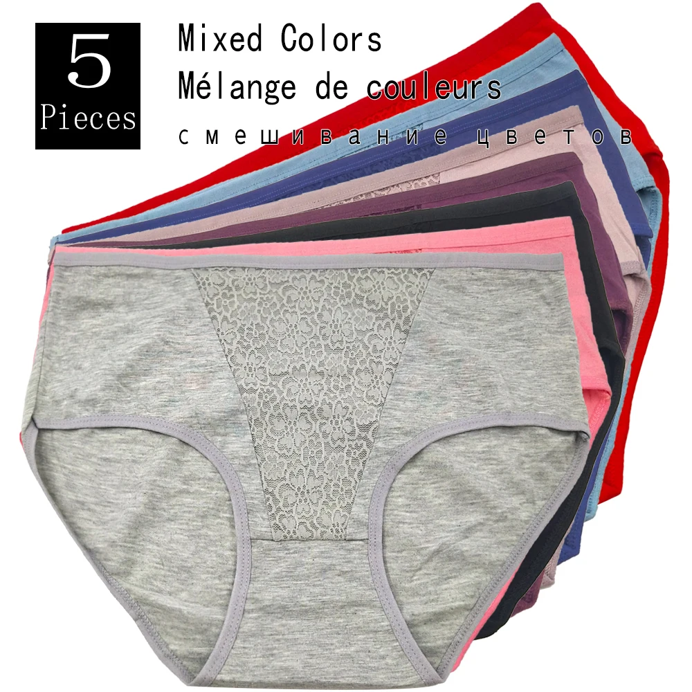 5pcs High-Rise Big Size Cotton Briefs For Women Underwear Sexy Lace  Transparent Large Panties Underpants Female Lingerie