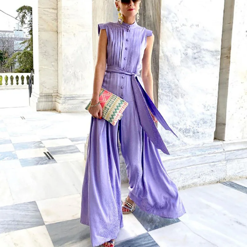 Summer Fashion Stand Collar Chiffon Button Printed Lace-up Wide-leg Pants Jumpsuit Elegant Slim Sleeveless Loose Party Jumpsuits