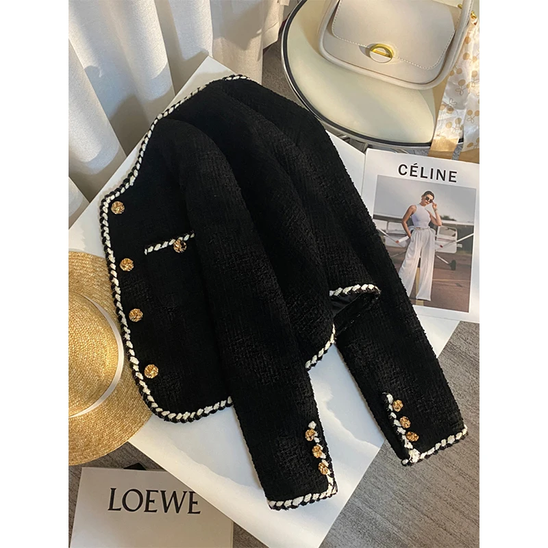 MEXZT Vintage Tweed Jacket Women Elegant Cropped Quilted Coat Commute Black Blazer Winter Ladies Korean Short Outerwear Tops New 3