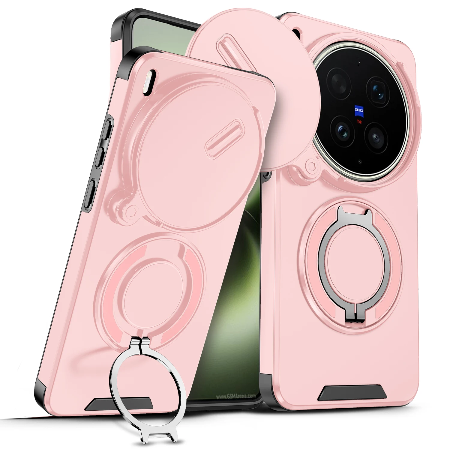 Luxury Slide Camera Hybrid Matte Phone Cover with Rugged Bracket Ring Grip and Wireless Charging Capability