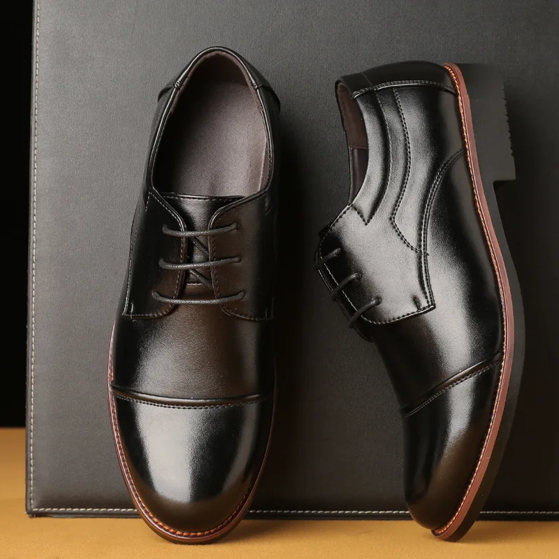 

Autumn Spring Fashion Derby Dress Shoes Black Comfortable for Men Leather Lace-up Casual Business Wedding Party Shoe