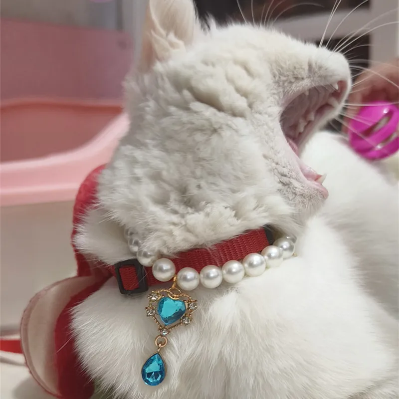 컬러풀한 애완동물 목걸이, 고양이 개 진주 목걸이, 컬러풀한 하트 라인스톤 목걸이, 개 액세서리, 활 넥타이