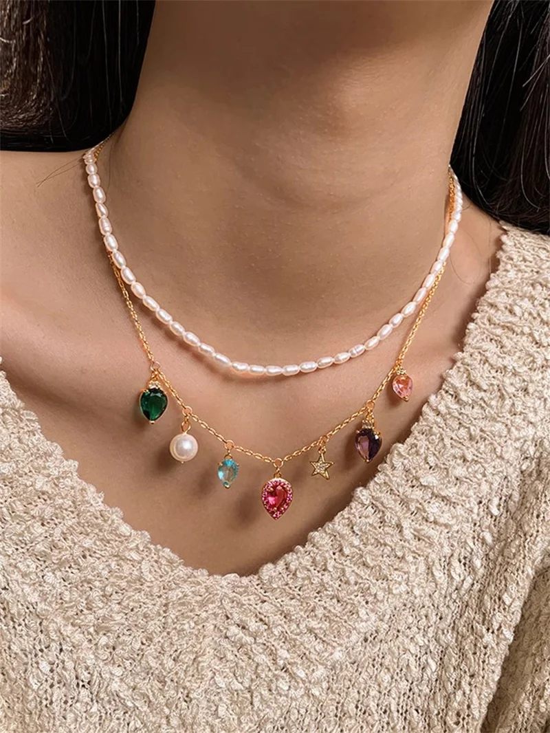 

European and American Glazed Pearl Colored Crystal Necklace For WOMEN Niche High-End Charm Jewelry Collarbone Chain