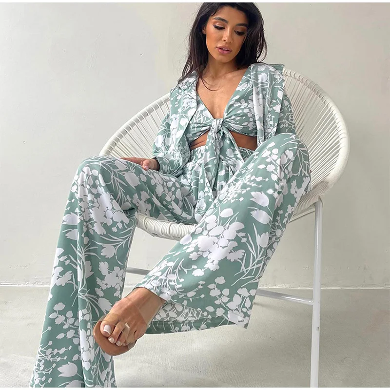 Loungewear Set 3-Piece   Women’s Spring Summer Homewear Outfits Floral Printed Pant Three Piece Sets Elegant Bra Tops And Wide Leg Pants Cardigan Suit Female Shirt Vacation Getaway Holiday Suits for Woman in Green