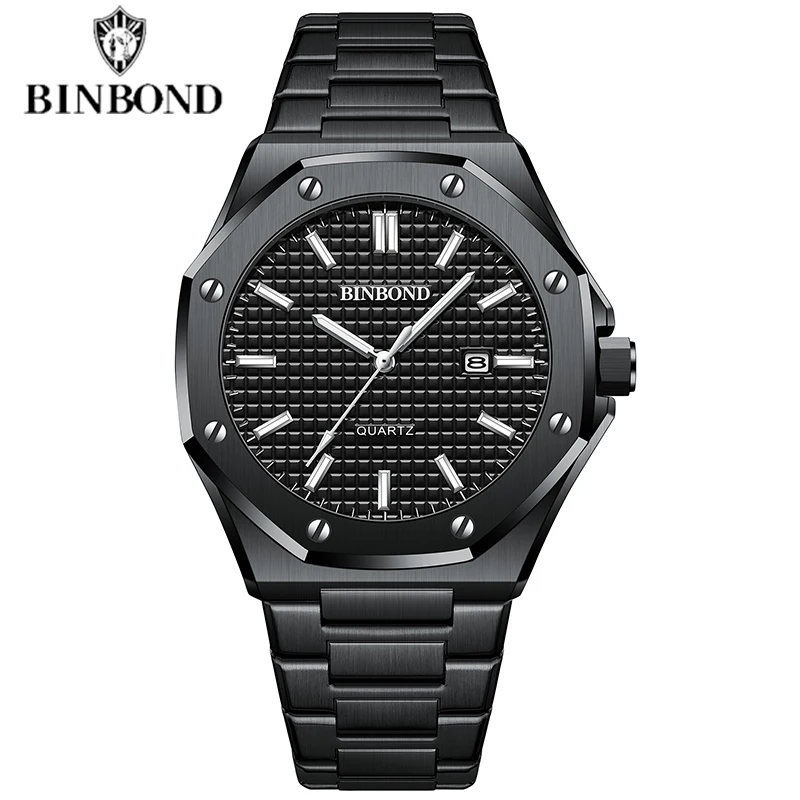 BINBOND Men's Classic Silver Stainless Steel Quartz Watch with Luminous Dial