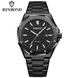 BINBOND Men's Classic Silver Stainless Steel Quartz Watch with Luminous Dial (Black)