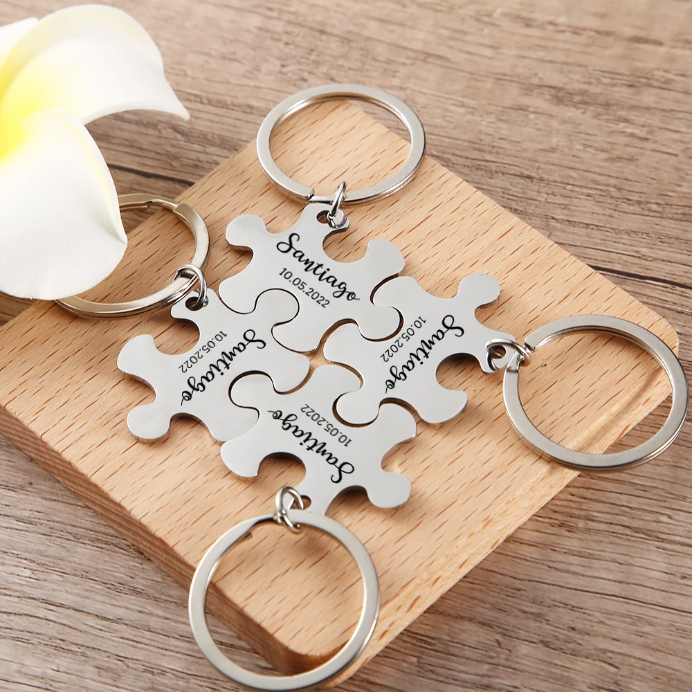 Custom Name Puzzle Key Chain - Steel Family Puzzle Keychain - Couples Matching Keyring - Personalized Wedding Gift for Guest custom couples necklace personalized engraving name date stainless steel heart puzzle friendship 2piece valentines day collar