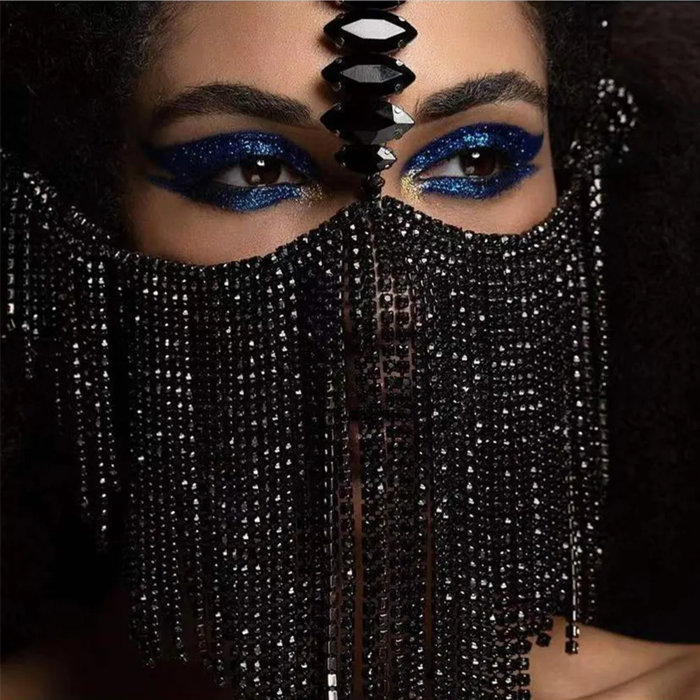 Luxury Sexy Black Rhinestone Tassel Masquerade Mask Face Chain Veil for