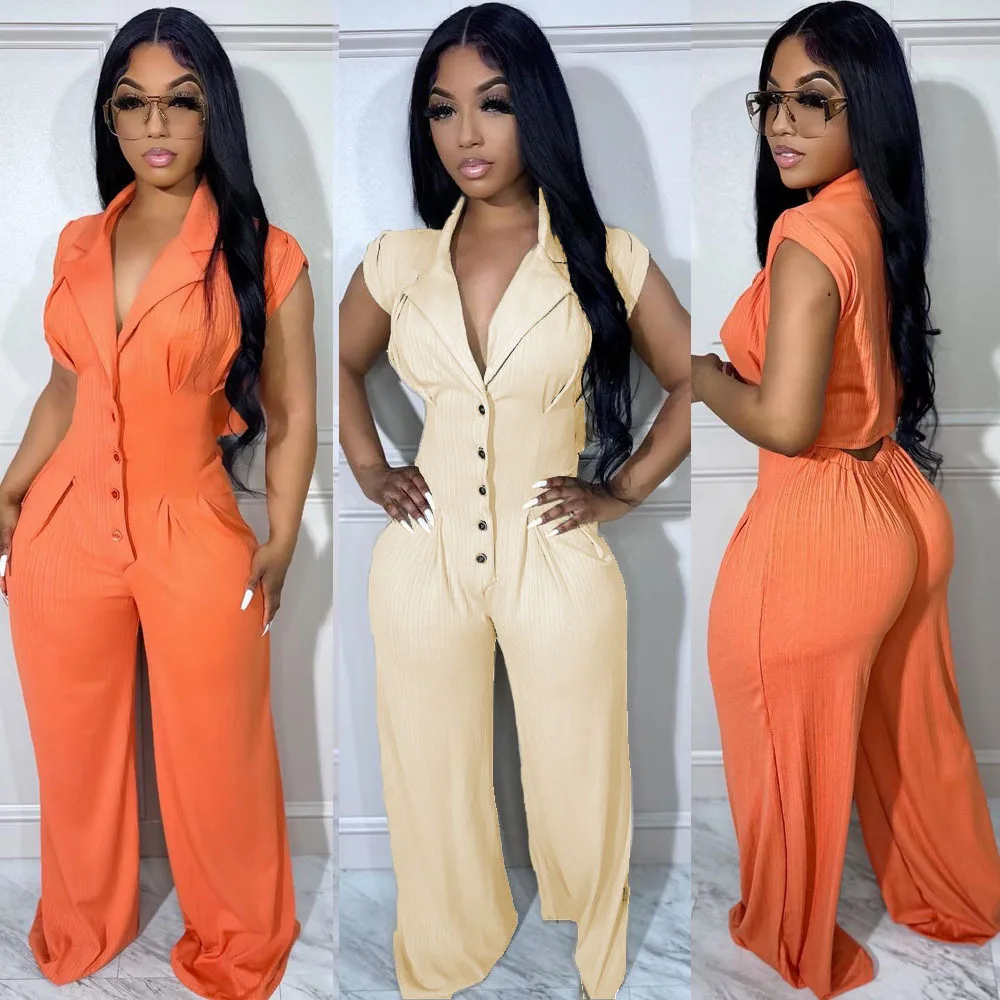 

2023 Summer Sexy Solid Color Jumpsuits For Women Short Sleeves Loose Cut Out Jumpsuit Summer Women Pants Flare Jumpsuit