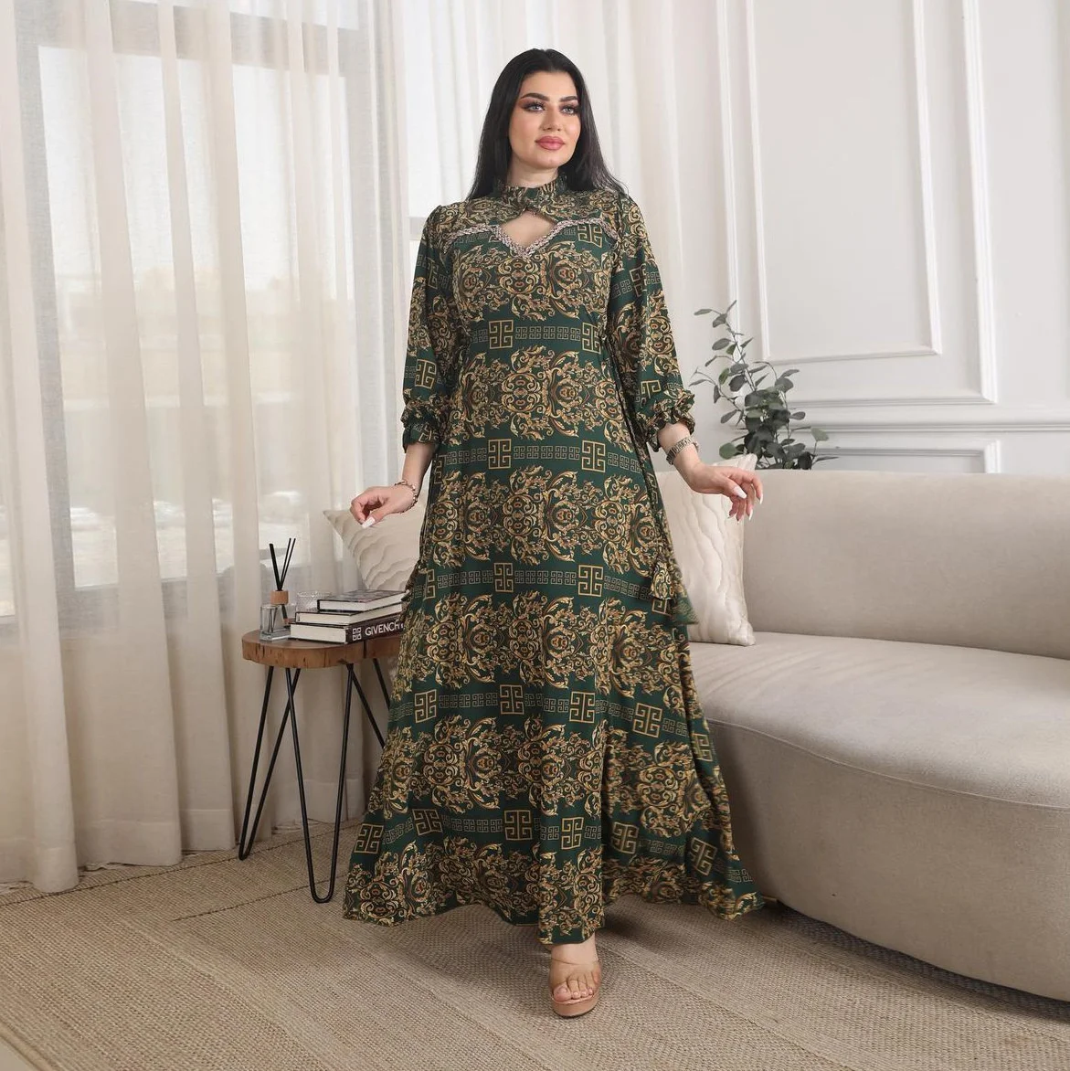 Muslim Dress Long Sleeves Print A-line Dress Dubai Arab Street Robe Diamond Arabic Turkey Home Furnishing Women Clothing