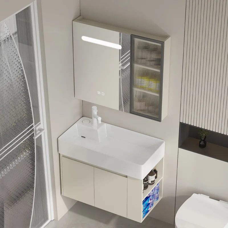 Cream wind wall-mounted solid wood bathroom cabinet combination with side grid, bathroom household ceramic integrated wash basin