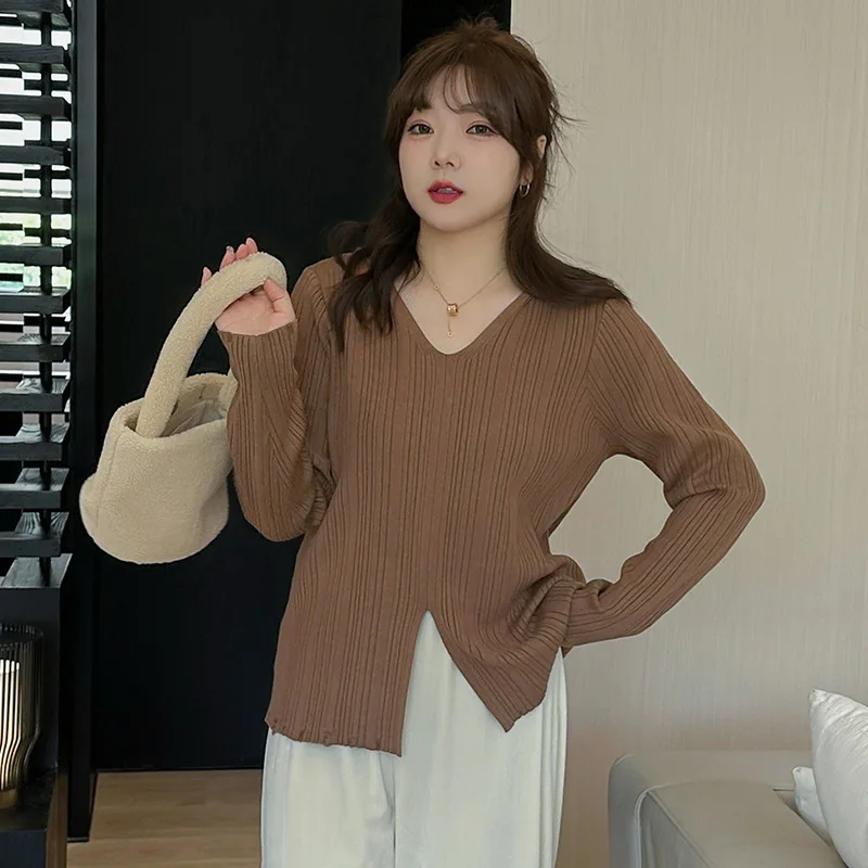

100kg Big Size Women Clothing Large Long Sleeve Solid Hooded Kniited Pullovers with Front Split Autumn Winter Women Knitwear