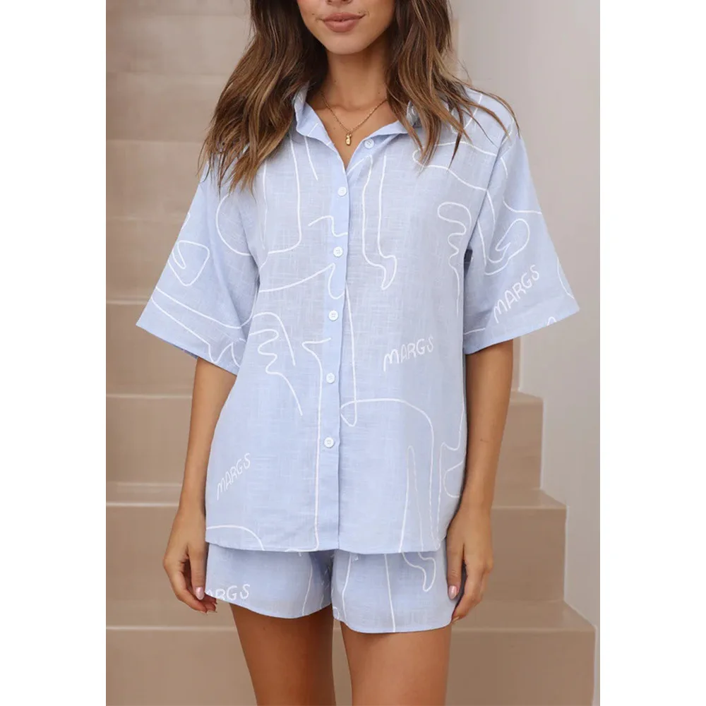 

Летний женский пижамный комплект из 2 предметов с шортами и модным принтом, женская одежда для сна, однобортный Пижамный костюм с коротким рукавом для женщин