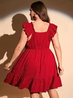 Plus Size Summer Women Elegant Dress Casual Vacation Vintage Solid Square Collar Ruffle Dresses - Image 2