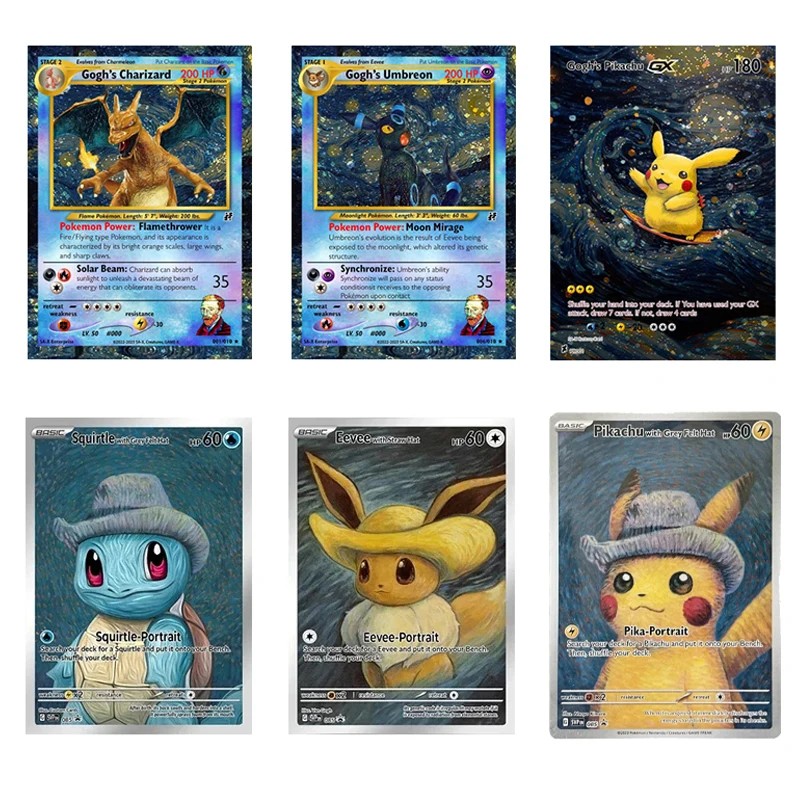 

Anime Pokemon Van Gogh Museum Gengar Card Pikachu Diy Starry Charizard with Grey Felt Hat Eevee Mona Pika Collection Cards Toys