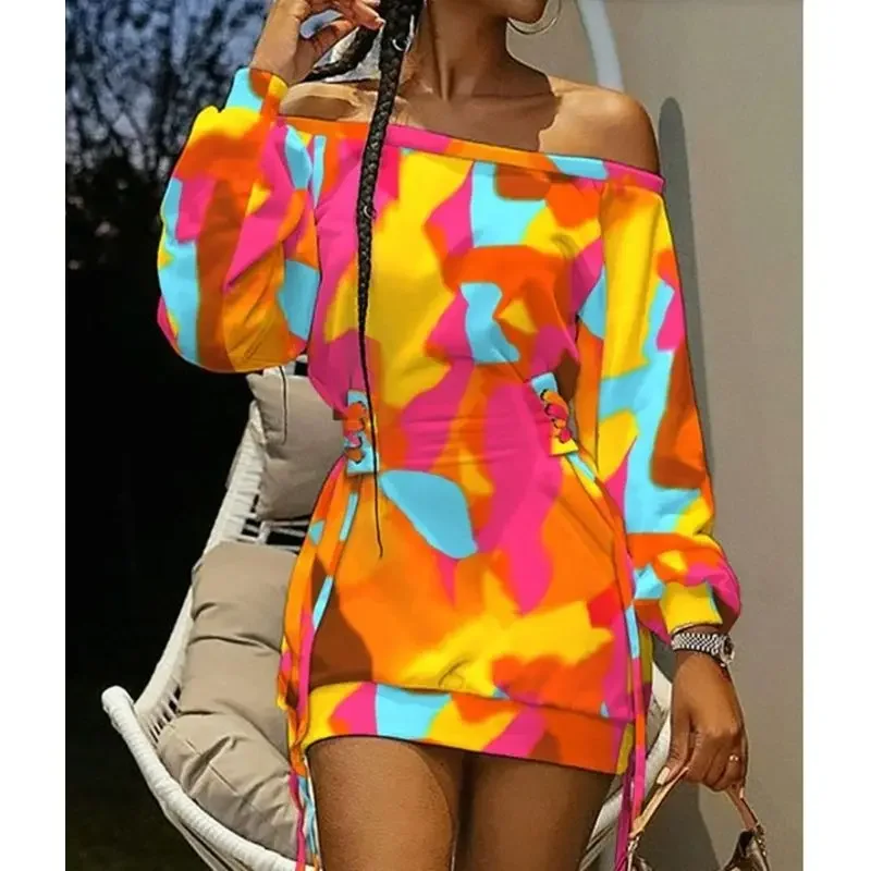 430907004Spring New European and American Women's Wear Oblique Neck Tie Dye Print Long Sleeve Loose Dress Trend
