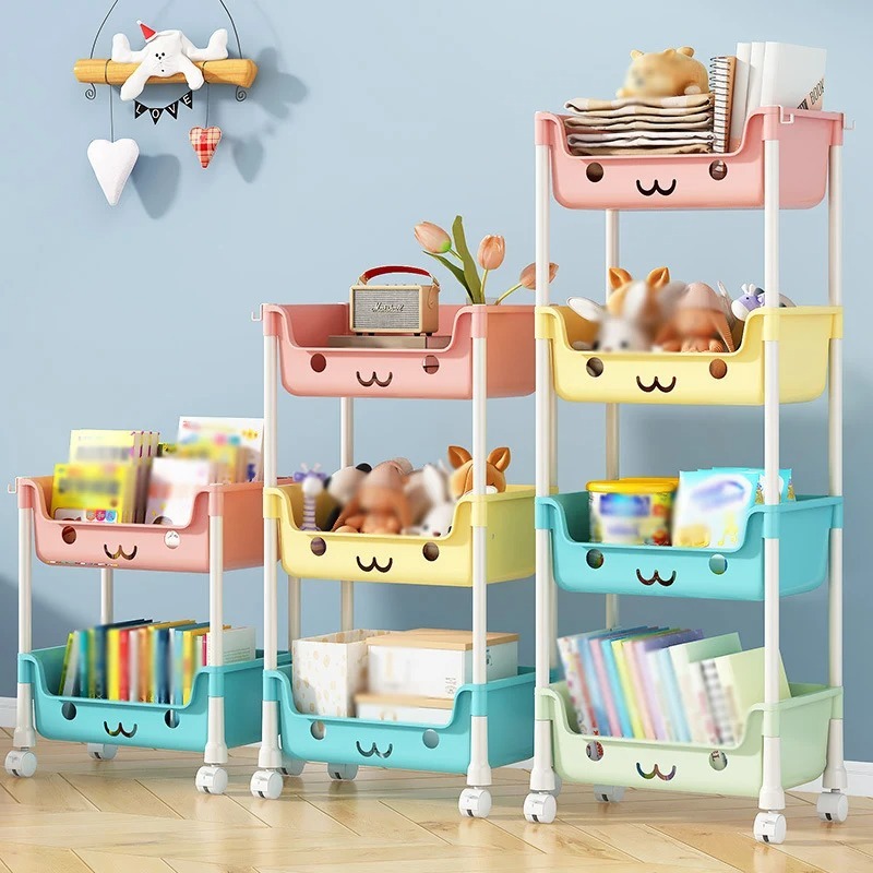 Household living room multi-layer cartoon smiley movable trolley floor shelves children's toys snacks book bags organizing rack