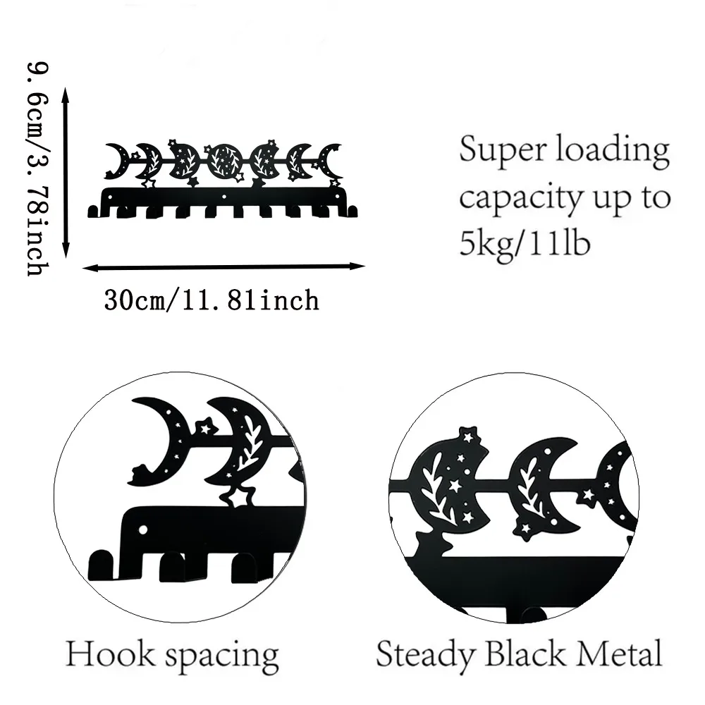 Moon Art Metal Wall Hanging Hooks Metal 10 Hooks Key Holder  Decor Gothic Decor for Bedroom Keys Hangers Storage Black decor 2