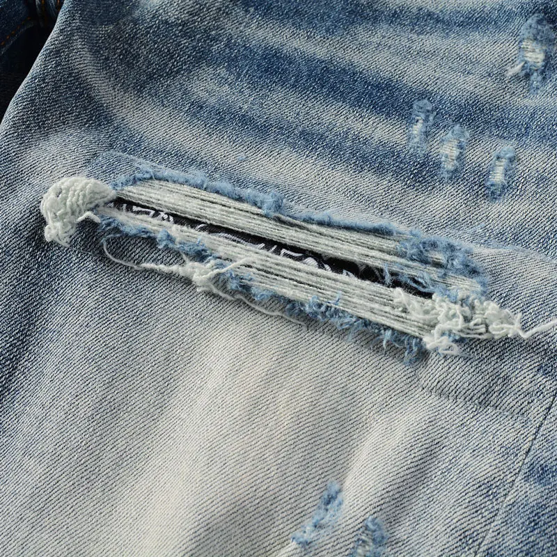 High Street Fashion Men Jeans Retro Blue Stretch Skinny Fit Ripped Jeans Men Bandana Patched Designer Hip Hop Brand Pants Hombre