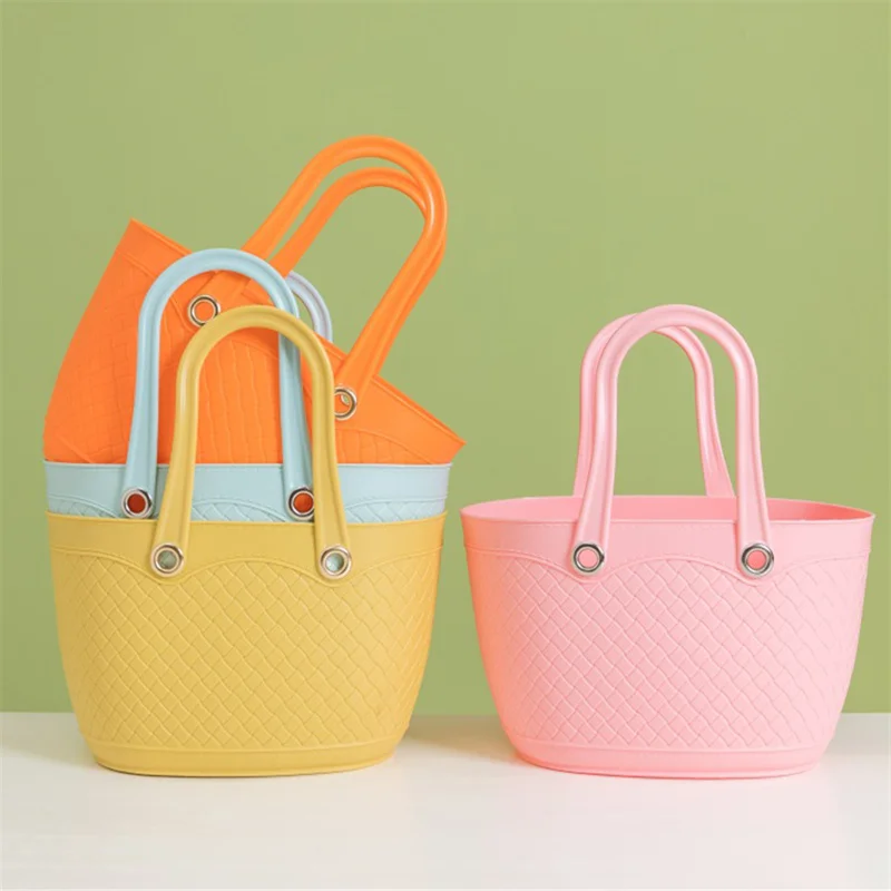 

Plastic Women Hangbag Tote Bag Basket Fashion Macaron Color Solid Gift Basket Fruits Storage Bag Outdoor Picnic Basket For Girl