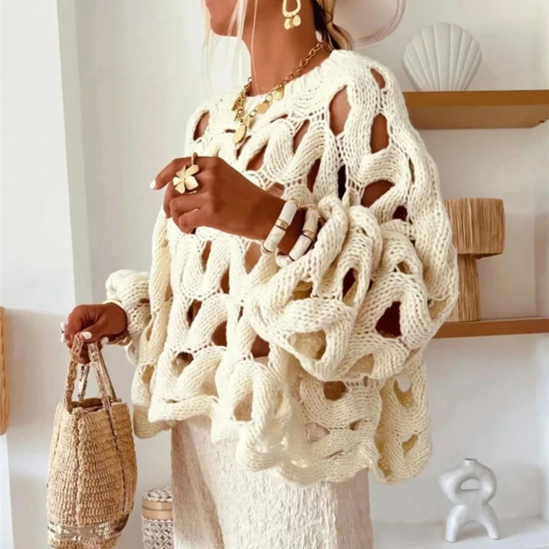 Sexy Hollow Out Long Sleeved Knitted Sweater Summer Beach O-neck Crochet Pullover Casual Solid Color Women's Loose Top Blouses 4