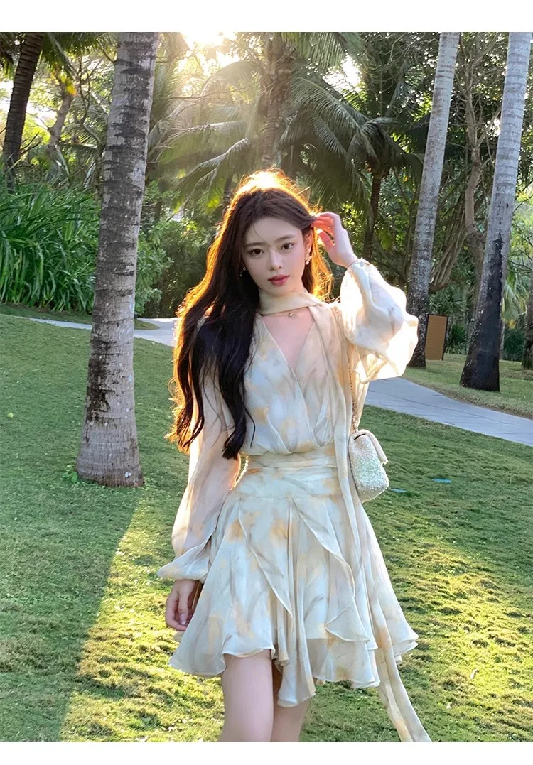 Elegant Chiffon Short Dresses for Women V-neck Lantern Sleeves Ruffles A-line Summer New Holiday Style Printed Vestidos Mujer