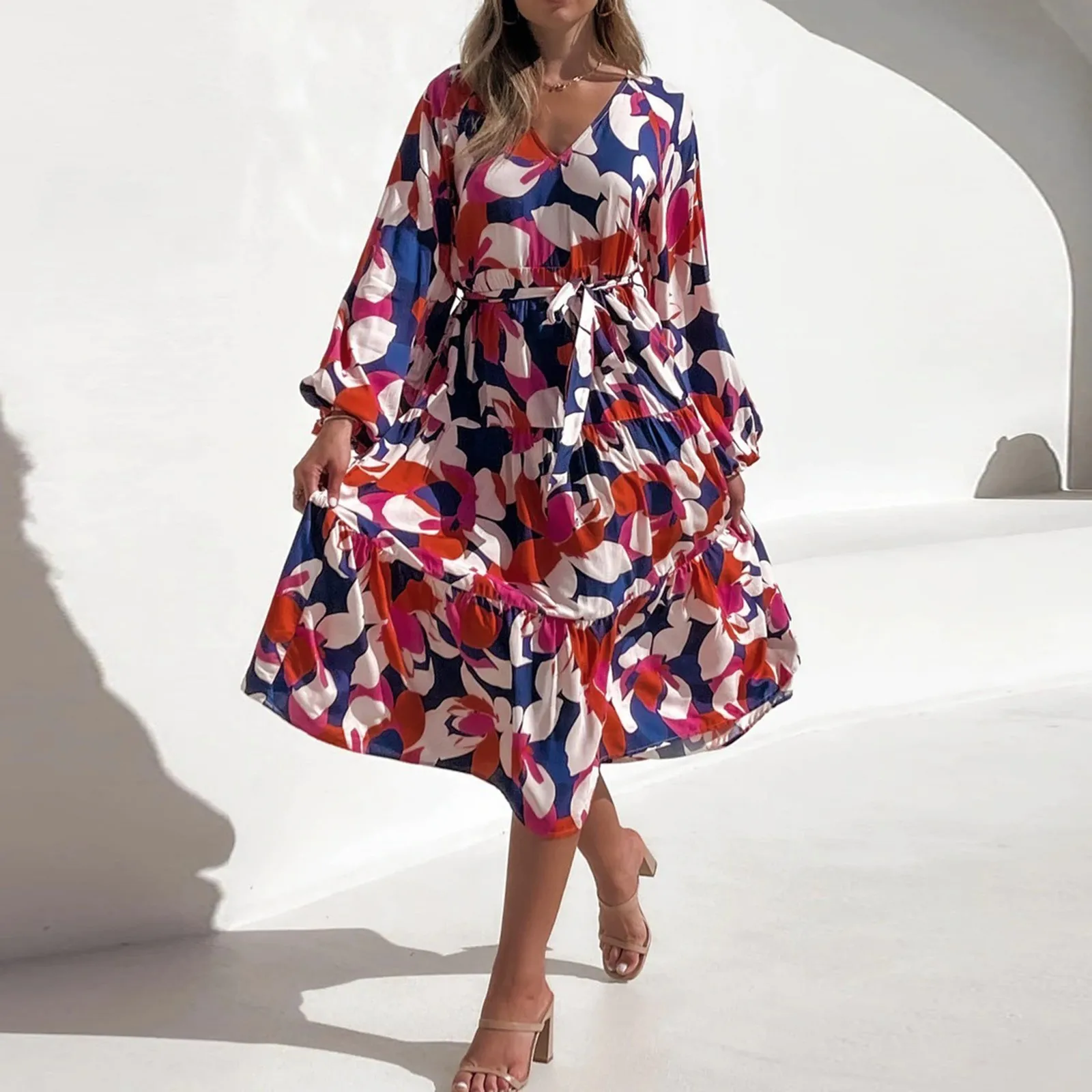 

Женское платье с запахом, длинным рукавом, V-образным вырезом и цветочным принтом