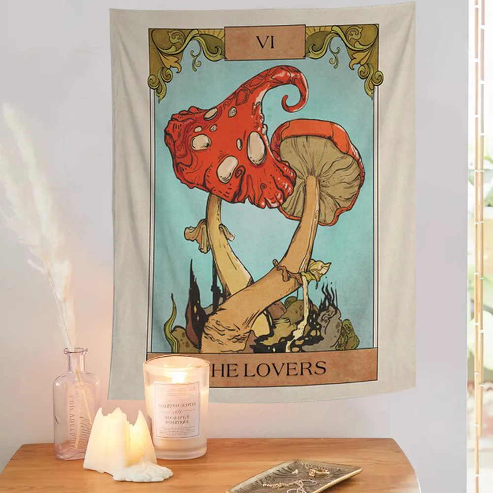 Tarot Card Tapestry Wall Hanging Mushroom Divination Wall Decor The Lover Tarot Card Boho Decor Beach Mat Tapestry Hippie
