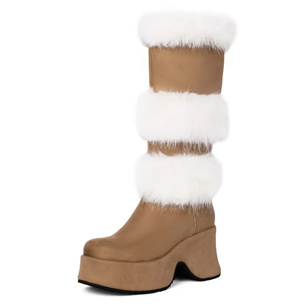 GIGIFOX Platform Furry Boots Chunky High Heeled Winter Autumn Knee