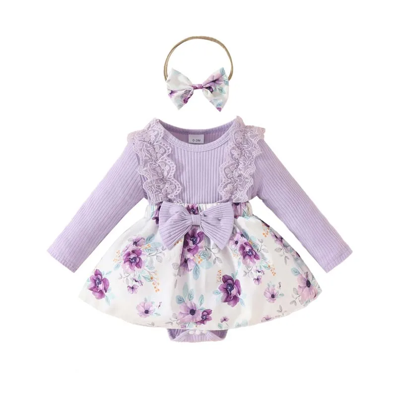 

0-18 Months Newborn Baby Girl Clothes Dress Jumpsuits Purple Long Sleeve Flower Skirts Bodysuits with Hairband 2Pcs Sets Outfits