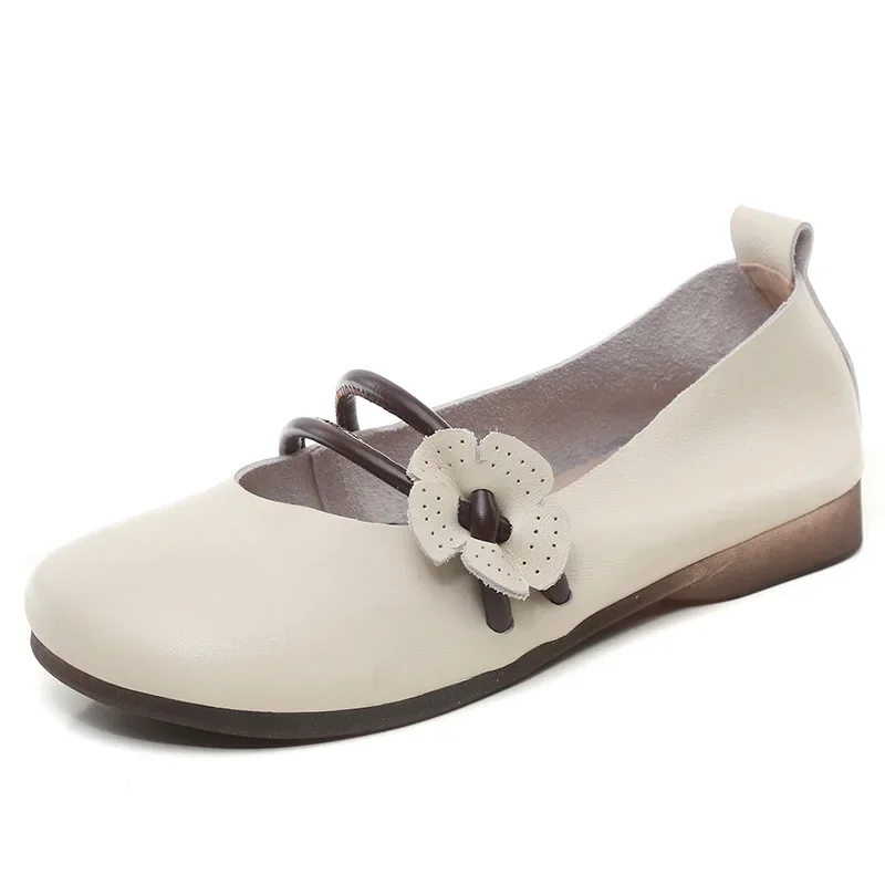 Zapatos planos de piel de vaca auténtica para mujer, con punta redonda, hechos a mano, de alta calidad, informales y suaves para enfermeras