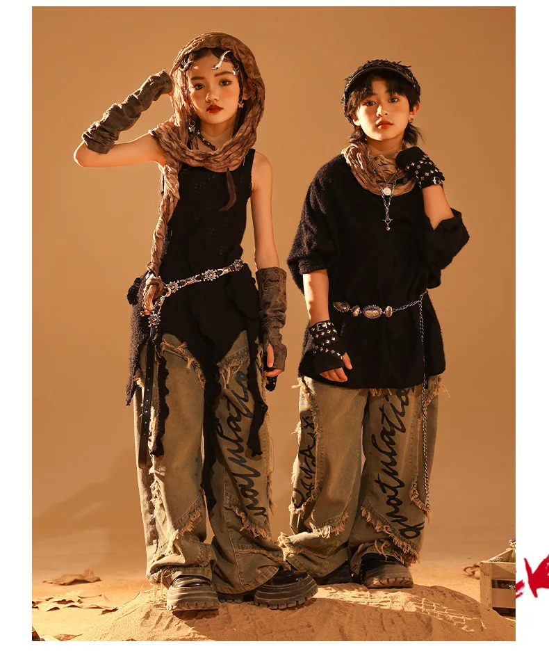 Girls Wasteland Street Dance Knitted Tank Top Jeans Boys Hip Hop Hoodies Clothes Sets Kids Jazz Costume Children Punk Streetwear S3ab062b58c8b47a28fa286096498e023E