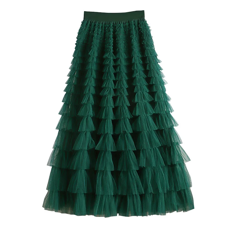 

New In 2024 Spring Summer Tutu Cake Skirts Women Elegant Cascading A Line Long Skirt Female Pleated Mesh Party High Waist Skirt