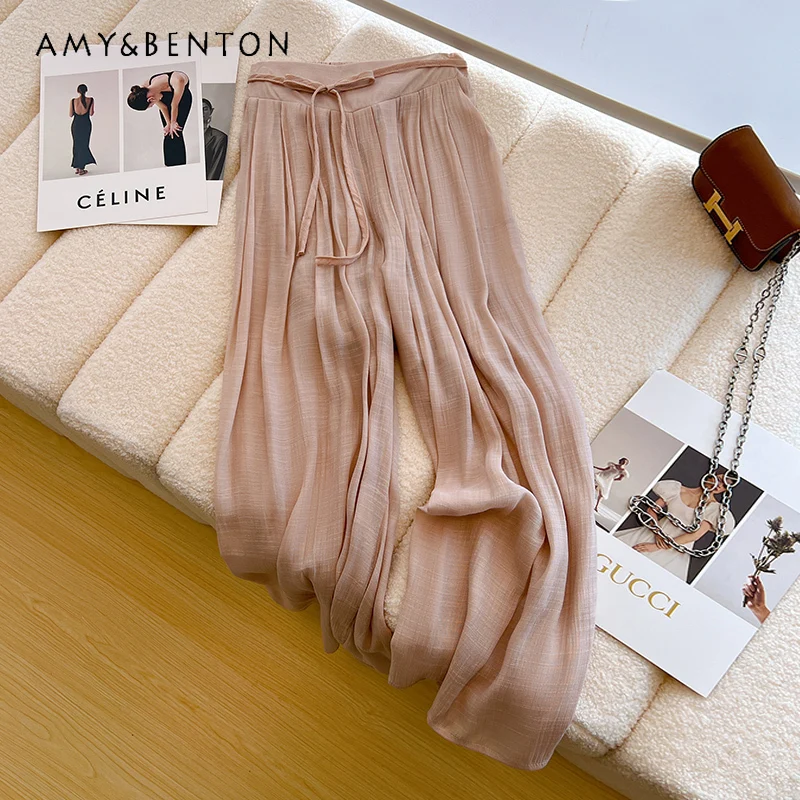 

2023 New Baggy Straight Trousers Women's Clothing Retro Ice Silk Cotton Pleated Wide Leg Trousers For Ladies Draped Casual Pants