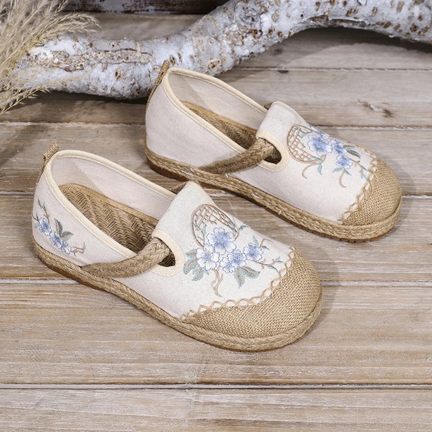 Flats Women Shoes Embroider Retro Lace-up Round Toe Cotton Linen New Handmade Concise Comfortable Ladies Shoes Spring and Summer