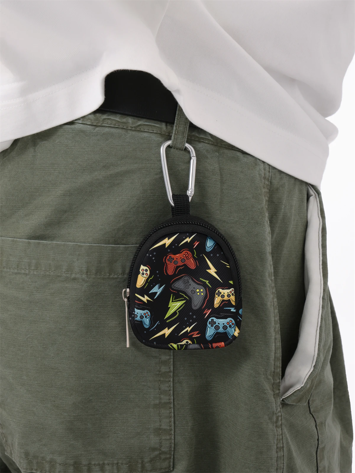 Game console pattern printed mini wallet, lightweight zipper change bag with hook clip, headphone key bag, suitable for men and