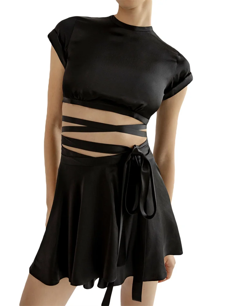 

CHRONSTYLE Women 2 Pieces Summer Outfits Short Sleeve Criss-Cross Tie-up Backless T-shirts Crop Tops Mini Skirts Strretwear 2024