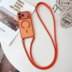 Magnetic Shockproof Crossbody Lanyard Phone Case with Clear Fashion Cover - iPhone 15 Plus (Orange)