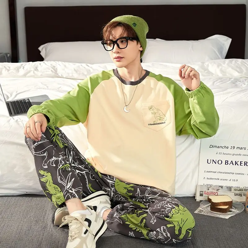 Men Pajamas Teenagers Cartoon Pure Cotton Long Sleeve Long Pants Nightclothes Suit Spring Autumn Male Round Neck Casual Homewear
